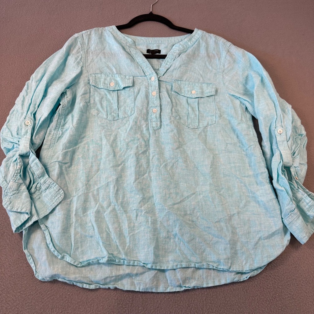 Talbots Petite Linen Tunic Top Aqua Blue Roll Tab Sleeve Button Front LP